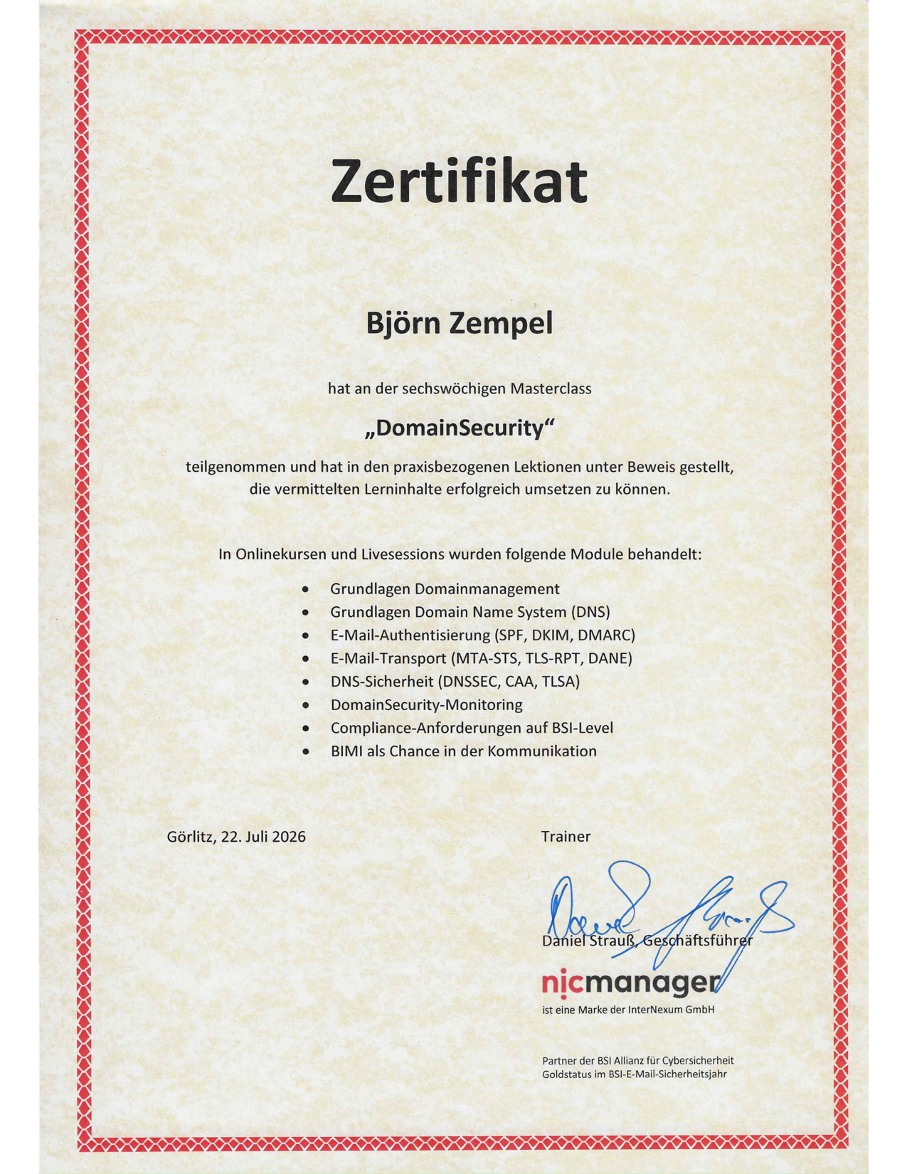 Zertifikat Masterclass "DimainSecurity"